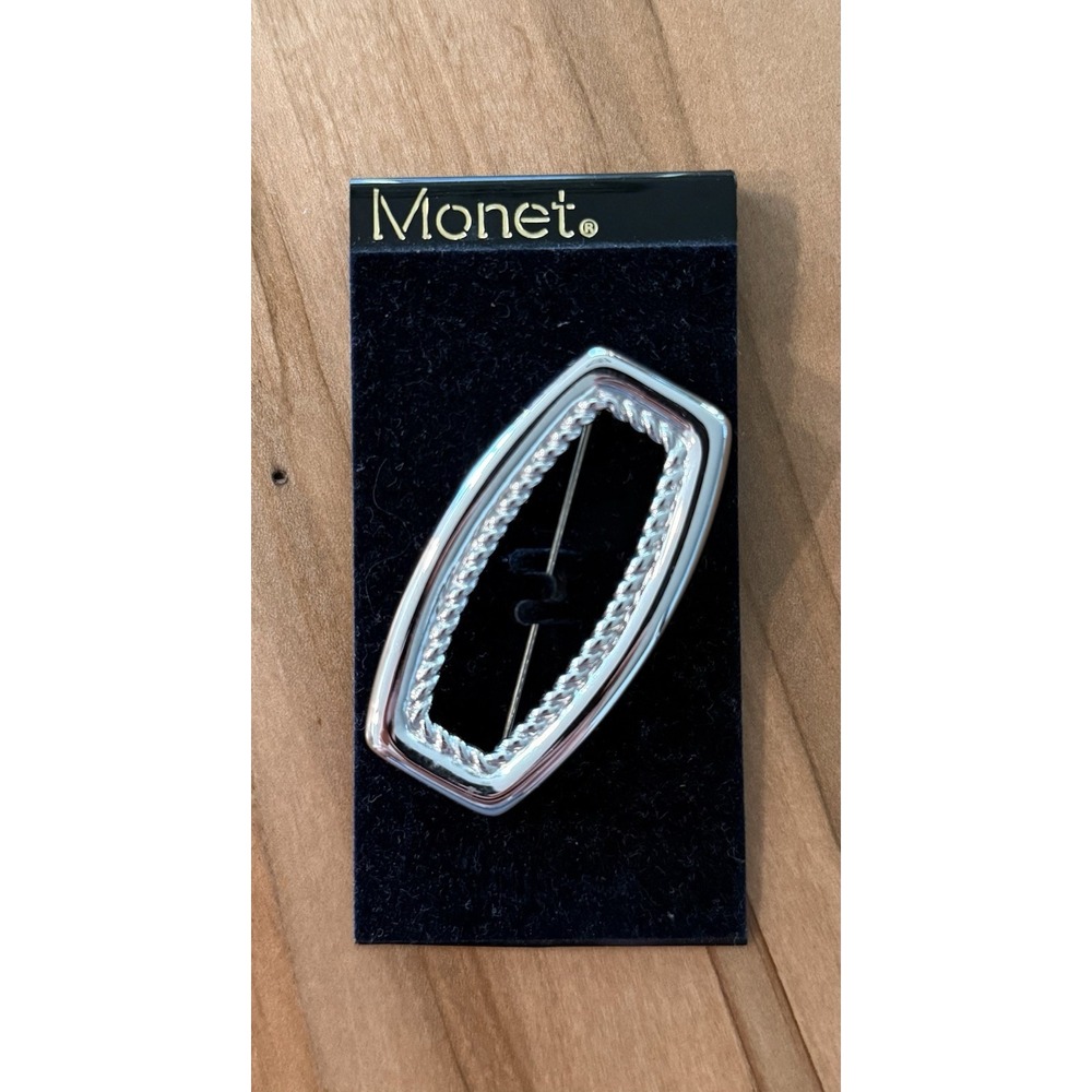 Vintage Monet‎ Pin Brooch Polished Silver Tone Rectangular Signed On Card